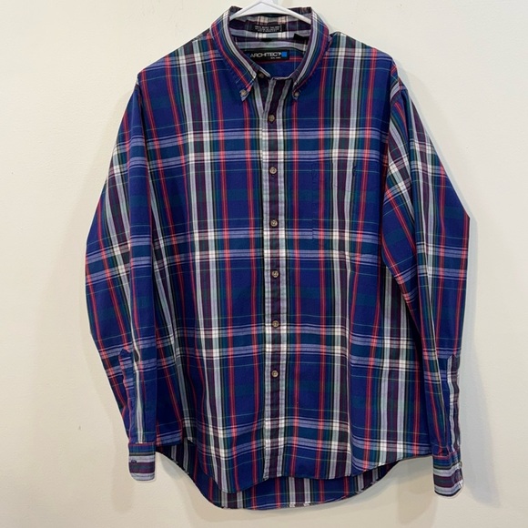 Architect XL l/s button down in plaid blue,red, purple, and tan. 55% cotton - Picture 1 of 6